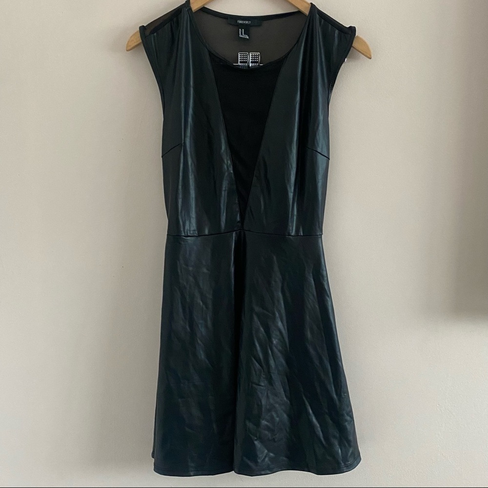 Forever 21 Black Faux Leather Mesh Skater Dress – Size M